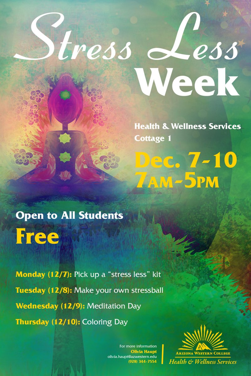 ArizonaWestern's tweet photo. Are you stressing about finals next week? Health and Wellness Services are here to help you with Stress Less Week! https://t.co/dXAcNyJ0Rc