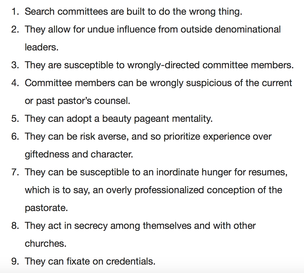 9Marks's tweet photo. Here are nine things wrong with pastoral search committees.

From this week’s #Mailbag: https://t.co/XEJPoQl7RD https://t.co/PkKn82cCKW