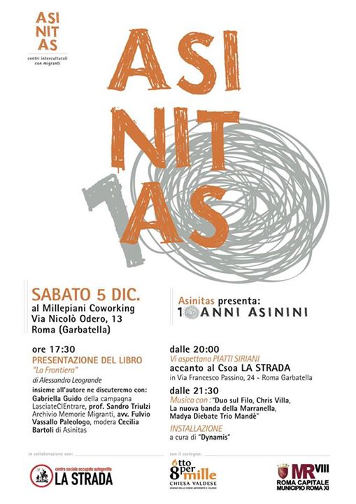 franca_stra's tweet photo. 10 anni di #Asinitas 
Sabato 5 dicembre - presentazione de La frontiera  di @LeograndeAle -  cena siriana e musica https://t.co/vKm4d5yizD