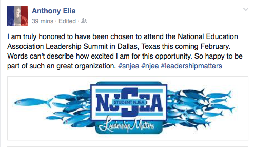 NJEAPreservice's tweet photo. HUGE congratulations to Ambassador, Anthony Elia, for being chosen to travel to attend the NEA-SP Leadership Summit! https://t.co/DpYNJ4InG7