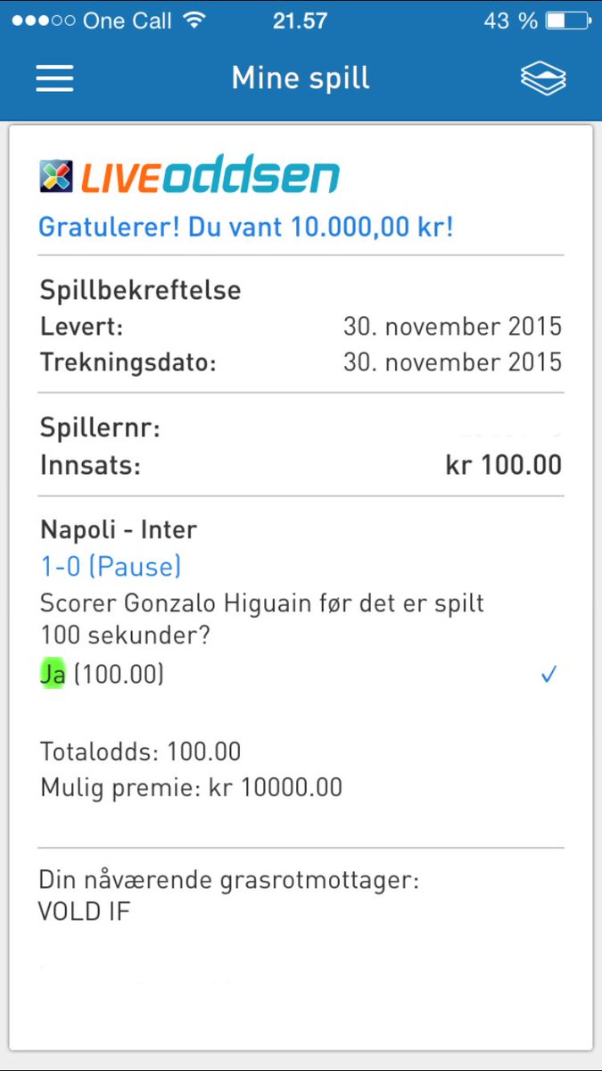 Gonzalo Higuains scoring etter kun ett minutt sørget for jubel i stua til denne heldige liveodds-kunden!