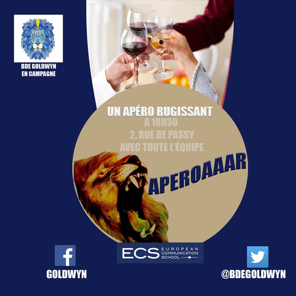 BDEGoldwyn's tweet photo. On espere vous voir nombreux à notre premier apéro de lancement ! #ECSParis #Aperoaaar https://t.co/ivHs1tUu9n