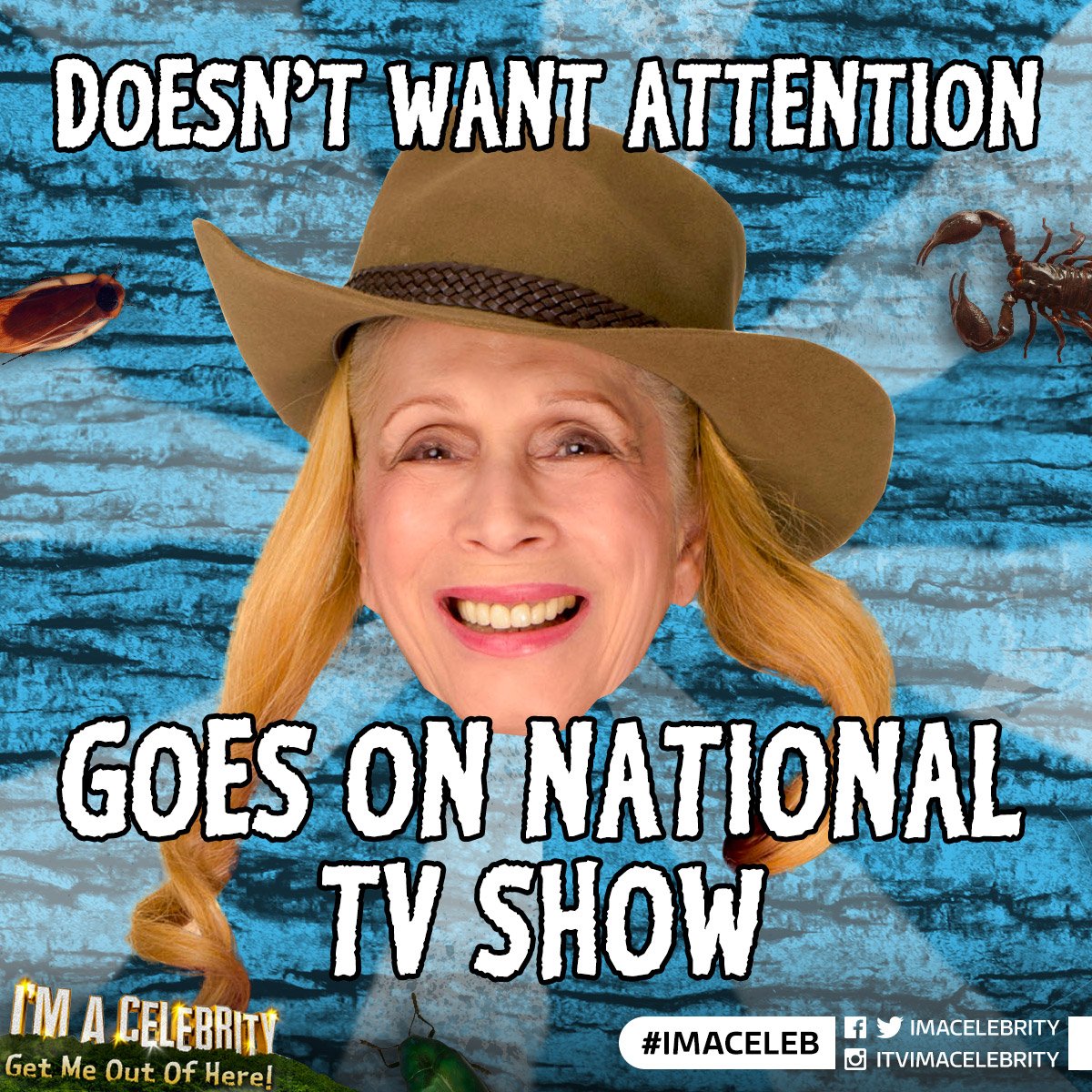 imacelebrity's tweet photo. Lady C doesn't want too much attention #ImACeleb https://t.co/MK4ghLL0gk
