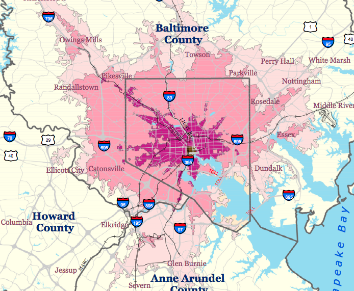 llanahan's tweet photo. Map lovers: get a gander at @OpportunityColl "transit shed" maps. Magenta is 30 min from downtown. #dividedbaltimore https://t.co/VfOFEabjVz