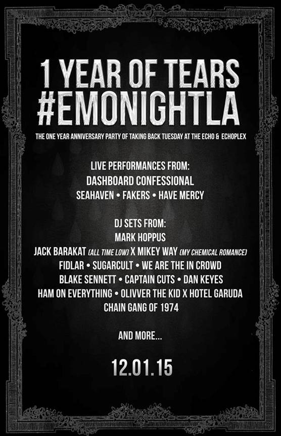TOMORROW NIGHT: Emo Night LA 1st Anniversary from 830p-2am at 
1154 Glendale Blvd in LA! @emonightla