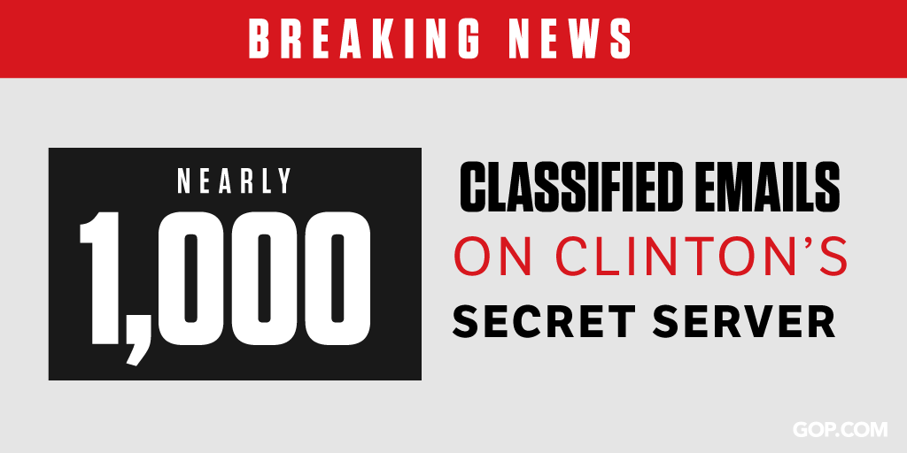 Republicans's tweet photo. Hillary said there was no classified material on her secret server. She was only off by about 1,000 emails. https://t.co/ZnForTbTtt