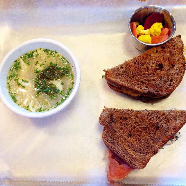 tableKY's tweet image. This is the Country Ham Sandwich with a cup of the spinach, chickpea, penne and Gorgonzola soup! #LouisvilleFood