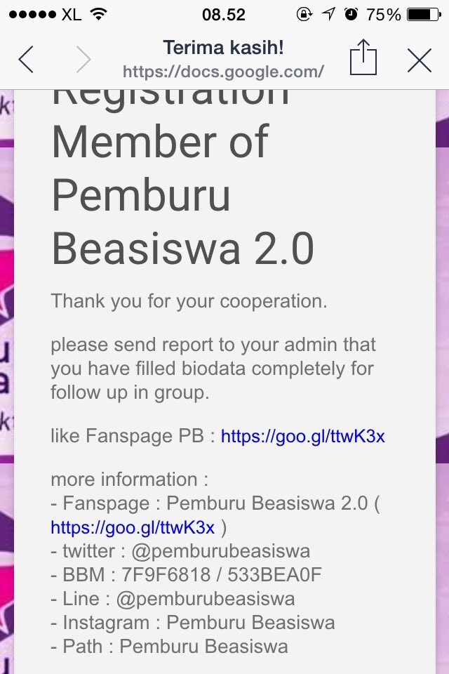 <a href="/PemburuBeasiswa/">Pemburu Beasiswa</a> maaf min td sy sdh isi data online tetapi kok pas sy add id line pemburubeasiswa sdh tdk bs msk lg