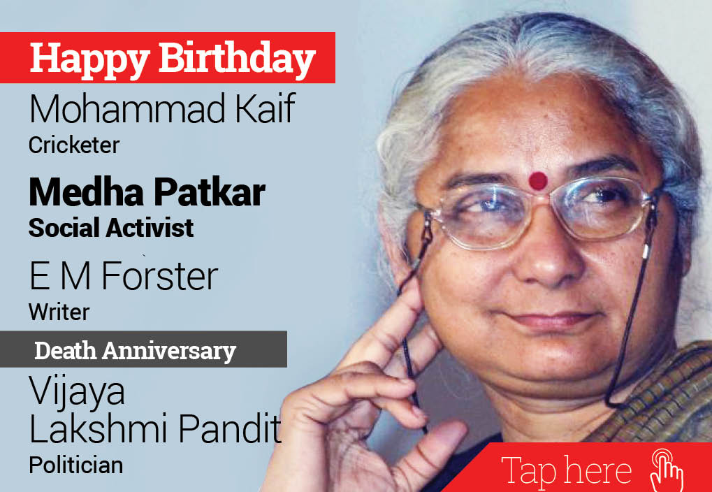 Homage Vijaya Lakshmi Pandit. Happy Birthday Mohammad Kaif, Medha Patkar, E M Forster 