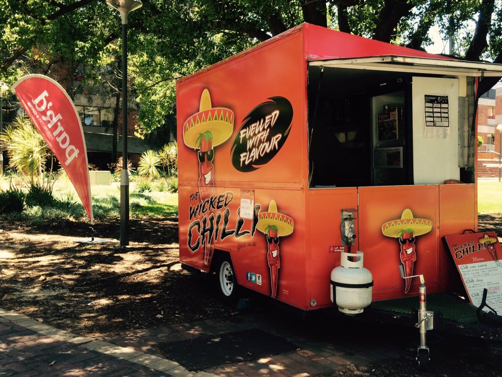KWoody96's tweet photo. Fiesta time at the Wicked Chilli van outside the library. Spicy food for days #curtincollege #webcoms101 @drmands https://t.co/66dfHv4CZm