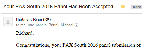 RichardCook1985's tweet photo. Well, lets make it official - I'll be at #PAX South speaking in not just 1, but 2 sessions! Lineups soon! Excited! https://t.co/7EnHYJ80XP