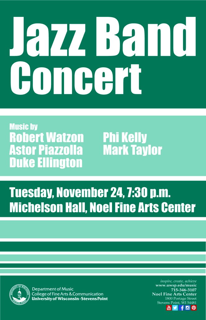 Remember to join us tonight for the Jazz Band Concert at 7:30 p.m. In Michelsen Hall!