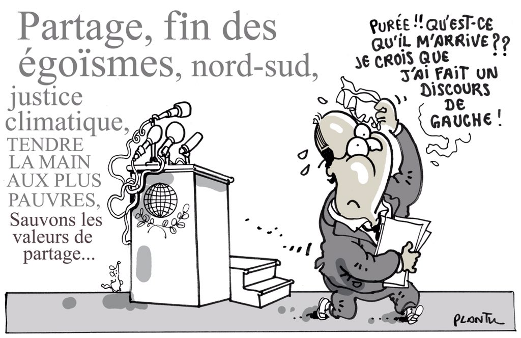 plantu's tweet image. SCOOP: Hollande à fait un discours de gauche à la COP 21 . Le dessin du Monde de ce mardi 1er décembre.