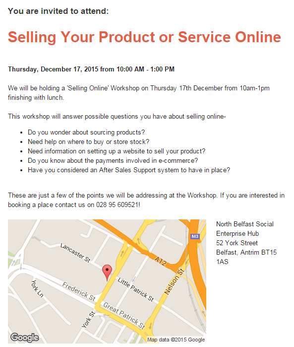 NBSEH's tweet photo. Workshop on Selling Online will be held on 17/12/15! Contact us on nbsehub@ashtoncentre.com or call 02895609521 https://t.co/zYKbrZVHt3