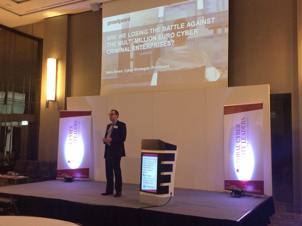 global__cyber's tweet photo. Losing or winning the #cybersecurity battle? @proofpoint #GCSL15 with Mike Smart https://t.co/zbZRwoMWno