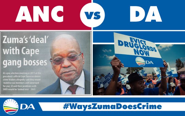 Today, <a href="/Our_DA/">Democratic Alliance</a> will protest the <a href="/MyANC_/">ANC</a> 's cosy relations with Western Cape gangsters. #WaysZumaDoesCrime