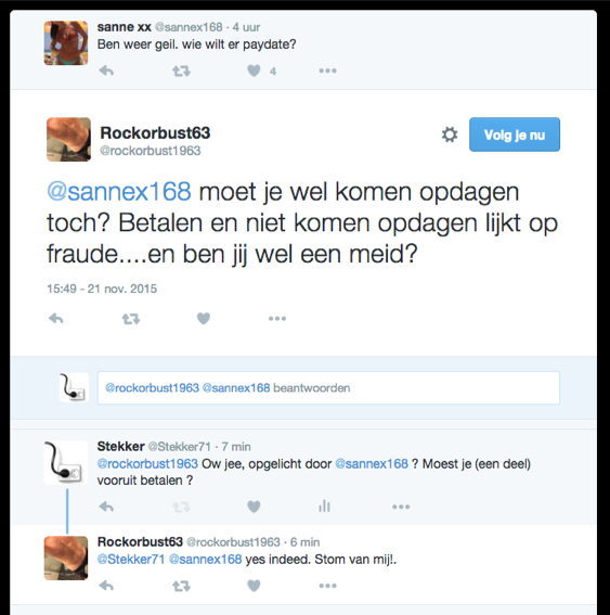 Stekker71's tweet photo. @sannex168 Mannen vooruit laten betalen voor 'n p-date &amp; afspraken niet nakomen. Klinkt als oplichting. Je reactie? https://t.co/XFhxAXcz4J