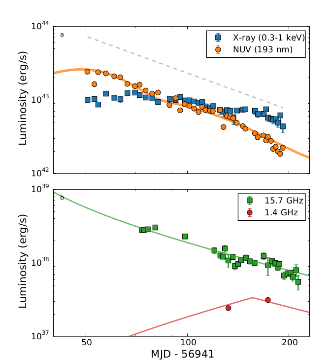 4PISKY's tweet photo. @4pisky X-ray, NUV, and radio light curves of #TDE ASAS-SN 14li from van Velzen et al. (Science 2015) https://t.co/qrOqR7G1Hi