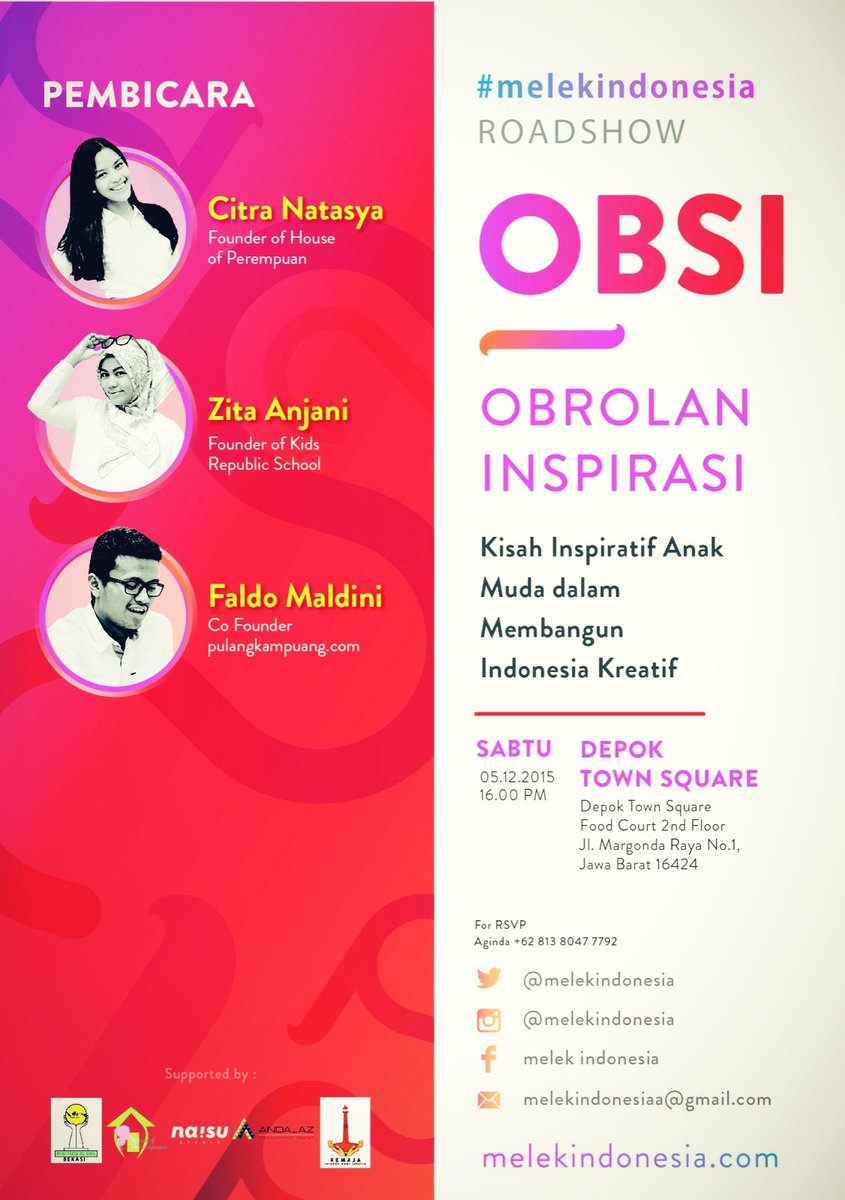 Ayo hadir di #roadshow #melekindonesia #obsi #depok 5 Desember jam 4 sore! <a href="/DepokTownSquare/">DETOS</a> cc: <a href="/harikomunitas/">The 3rd #ICN2015</a>