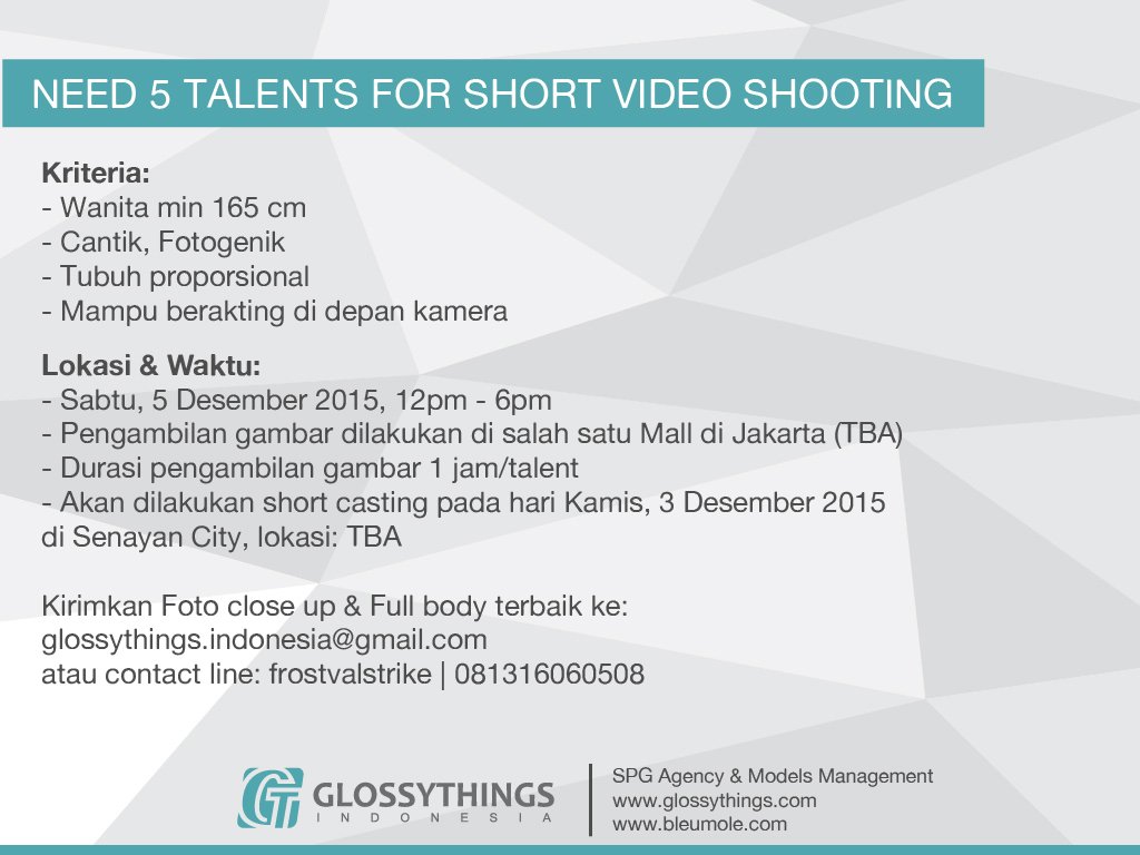 bleumoleSPG's tweet photo. Need 5 talents utk short video shooting. Sabtu, 5 Des. Durasi max 1 jam/talent. Fee 250rb. Cek Pict! @pakarSPG https://t.co/nryjT7gvOM