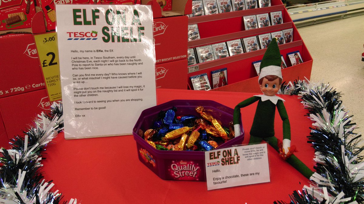 TescoElfie's tweet photo. I'm here! I'm very excited to see you all, spread the word, I would love to have lots of visitors #ElfOnATescoShelf https://t.co/dDGGGw0nRL