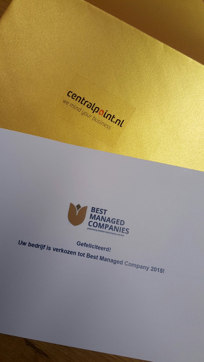 DustinGroup's tweet photo. Zojuist is @centralpoint_nl verkozen tot "Best Managed Company 2015"  door @DeloitteNL   en @ingnl #BMC2015 #trots https://t.co/8Jc5g2qm1D