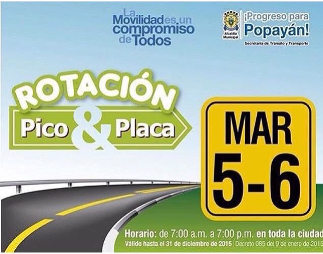 #PicoyPlaca para este martes 5 y 6. De 7am a 7pm. En toda la ciudad. <a href="/PopayanCO/">popayanco</a> <a href="/WazeCo/">ComunidadWazeCo</a> <a href="/FranciscoFuentM/">FRANCISCO FUENTES</a>