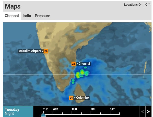 Harikishore23's tweet photo. This is how weather forecast looks like for tonight and tomorrow - BBC #chennairains #ChennaiFloods @ChennaiRains https://t.co/s2crr4Sbvc