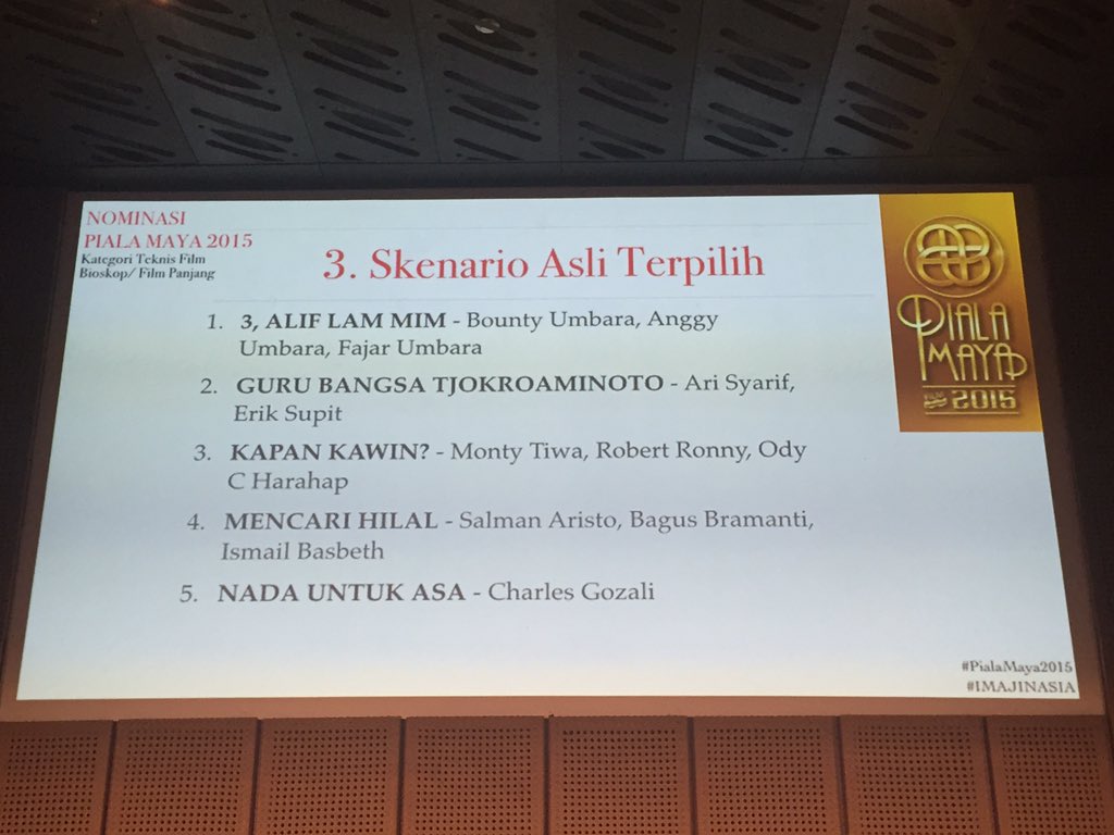 AdiWriter's tweet photo. RT @FILM_Indonesia: Pengumuman Nominasi #PialaMaya2015 

Nominee SKENARIO ASLI TERPILIH

❤️🎬⭐️ https://t.co/wyCbQRsVVq