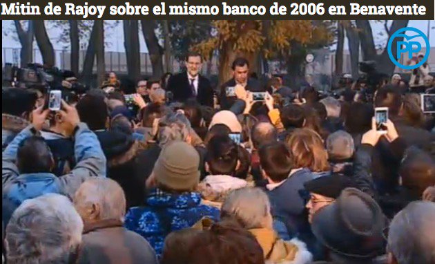 eldiarioes's tweet photo. EN DIRECTO: Rajoy se sube al mismo banco de Benavente donde habló en 2006 para dar un mitin https://t.co/n6fjZLn7eK https://t.co/nKrKNnvIt5