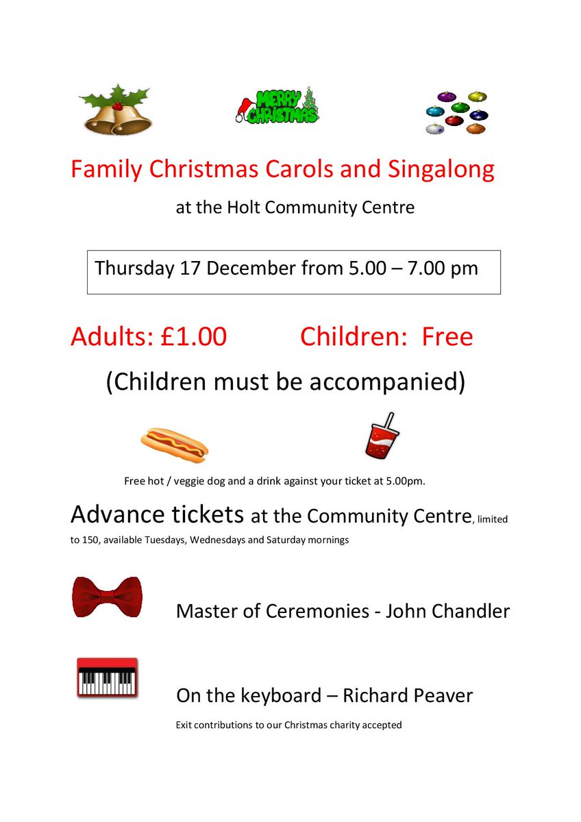holtcommunity's tweet photo. Holt Community Centre - Christmas Family Sing - Along
Thursday 17th Dec - 5pm - 7pm
@nnrofficial 
@NNorfolkLiving https://t.co/VS9LBZ0mTX