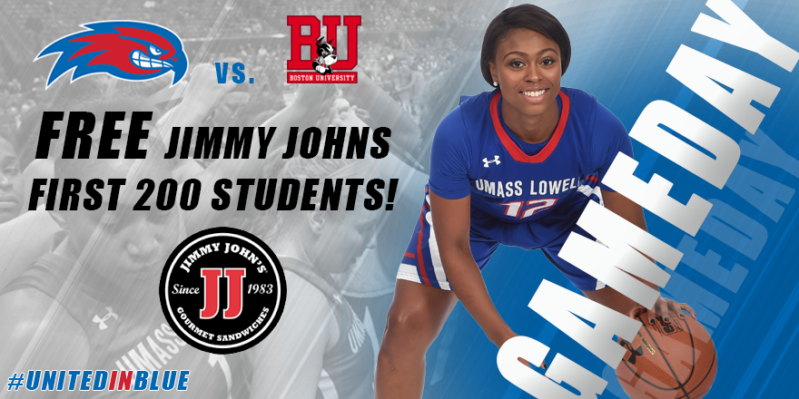 RiverHawkWBB's tweet photo. It's GAMEDAY! The #RiverHawks take on BU at 7pm at the @TsongasCenter. FREE @jimmyjohns for students! #UntiedInBlue https://t.co/vhM5WjQs9C