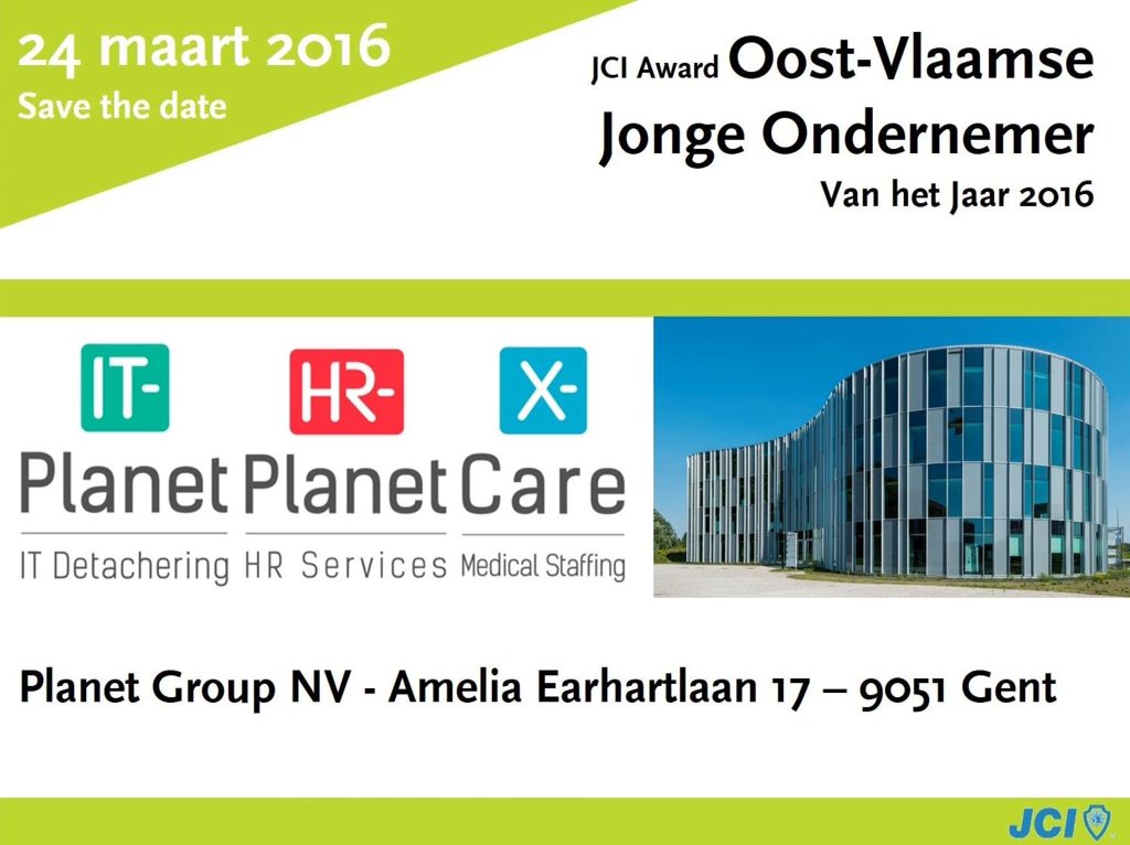 Hoofdpartner Planet Group host JCI Award Oost-Vlaamse Jonge Ondernemer 2016 op do 24 maart
planet-group.be