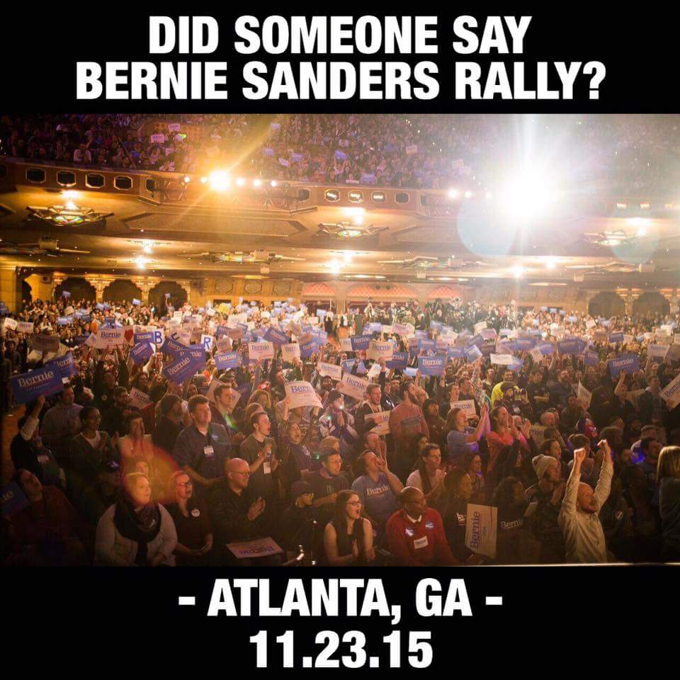 sandi_johnston's tweet photo. Hey, look! @jt4congress2016 and I made the meme! Front and center! #FeelTheBern #BernieInATL #BamaForBernie https://t.co/L8LwyOolHl