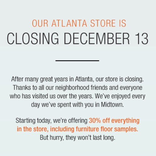 CB2midtown's tweet photo. After many great years in #Atlanta, our store is closing. https://t.co/JRWdglUEVc https://t.co/2k17TMUEfy