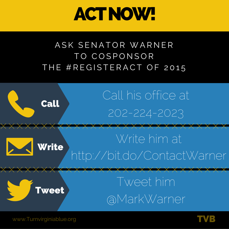 TurnVirginiaBlu's tweet photo. Ask Sen. Mark Warner to cosponsor Sen. @BernieSanders' bill - The REGISTER Act of 2015
#UniteBlue #FeelTheBern https://t.co/zQJrIjZRl1