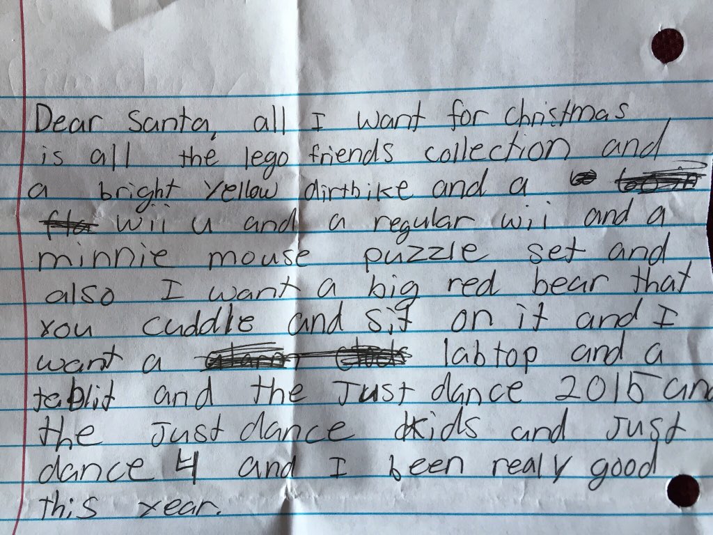 AmandaRakes's tweet photo. This is my niece's letter to Santa. She's not asking for a lot at all. #bigredbear #laptopANDtablet #wiiANDwiiU https://t.co/L8RgV6tQ4b
