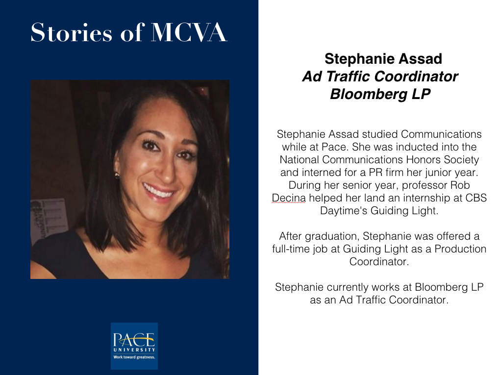 PaceMCVA's tweet photo. Yesterday's #BragAboutMeMonday: Stephanie Assad
#pacestudents #pacealumni #paceuniversity #bloomberg #pacemcva https://t.co/ujdGtMp0pK