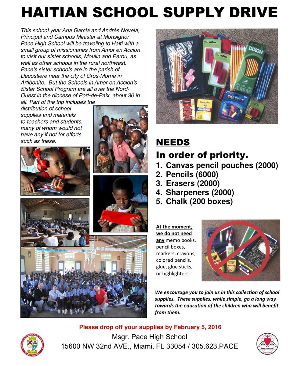 AlumniPaceHs's tweet photo. Support our Haitian Sister School Supply Drive this #GivingTuesday by donating the items listed! #PaceService https://t.co/4JLVkT7uIB