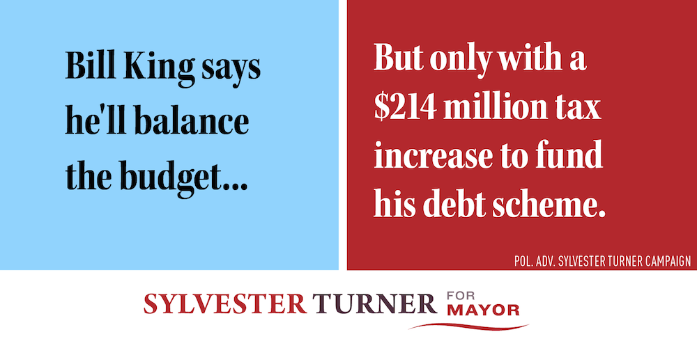 It doesn't add up: Bill King's financial proposals would increase Houston's debt. bit.ly/JunkBondKing #houvote