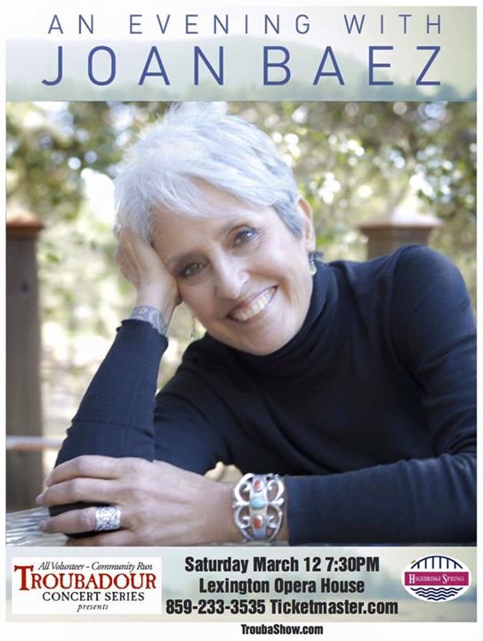 WoodSongs's tweet photo. Legendary folksinger #JOANBAEZ coming to #LexingtonOperaHouse March 12. Tix on sale Friday 859-233-3535 #VisitLEX https://t.co/SyG5rlg6AT