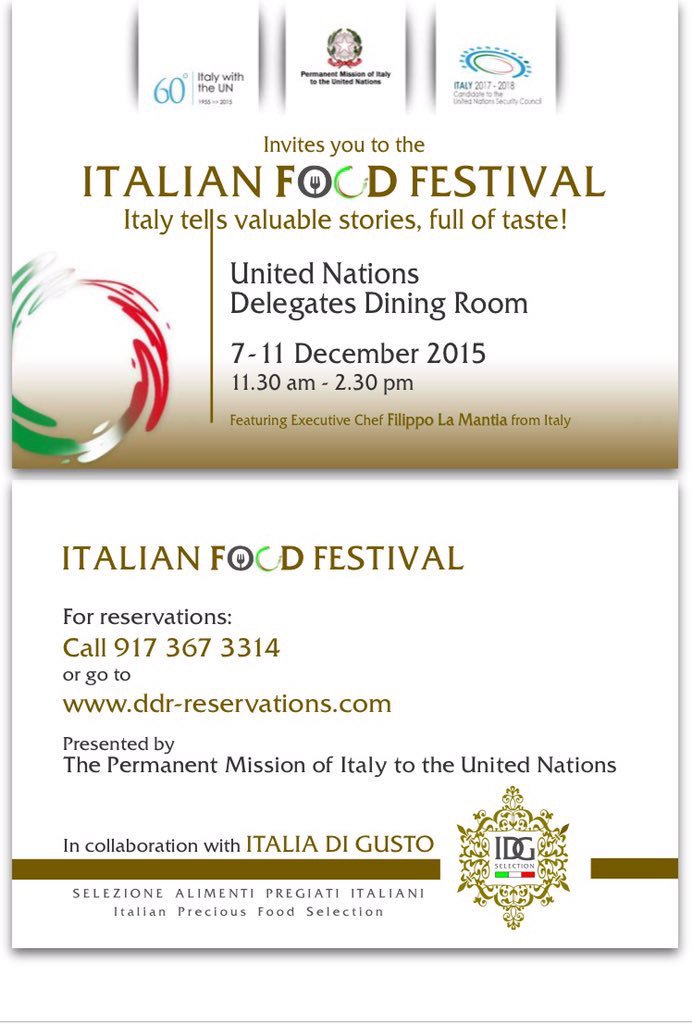 Hosting #italianfood Festival <a href="/UN/">United Nations</a> Dec 7-11 feat. @FilLaMantia <a href="/ChefBiagiola/">Michele Biagiola</a> <a href="/SoniaBalacchi/">Sonia Balacchi</a> bit.ly/1NltCwS