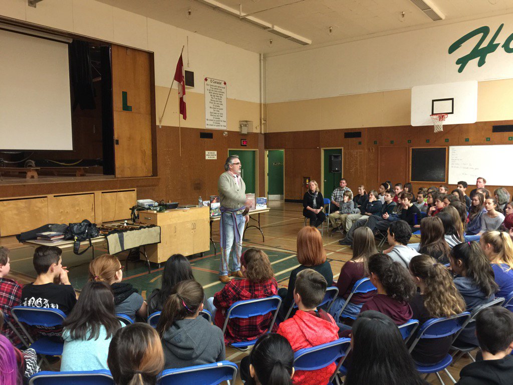 #DavidBouchard educating and entertaining grade 8 students at #CedarHillMiddle about Metis culture