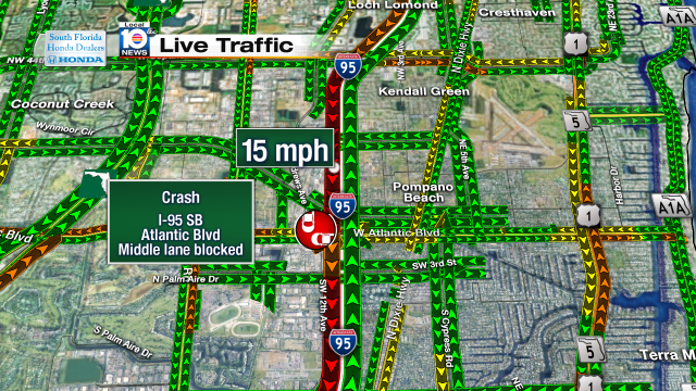 Crash on I-95 SB at Atlantic Blvd. Speeds at 15mph #traffic #pompanobeach https://t.co/67tejm82wX