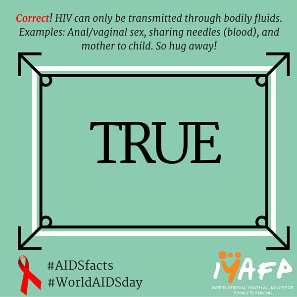 IYAFP's tweet photo. RT: True or False? Kissing and hugging don't spread HIV. #WorldAIDSDay #AIDSfacts #YouthChoose https://t.co/UkynOFNMvK