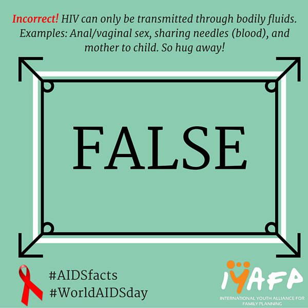 IYAFP's tweet photo. RT: True or False? Kissing and hugging don't spread HIV. #WorldAIDSDay #AIDSfacts #YouthChoose https://t.co/UkynOFNMvK