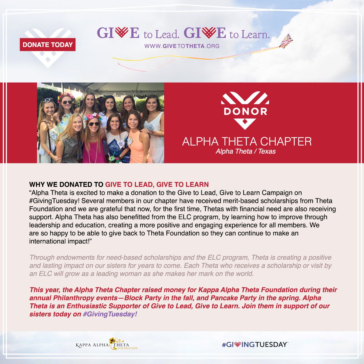 .<a href="/TexasTheta/">Texas Theta</a> issued a $15,000 matching gift challenge! Make your gift to double your impact! givetotheta.org/give/