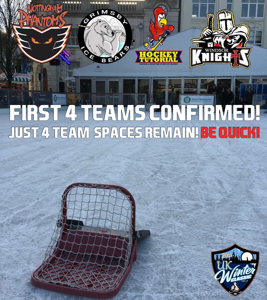 4 teams confirmed in just 7 hours

1. <a href="/NottmPhantoms/">Nottingham Phantoms</a> 
2. <a href="/GrimsbyIceBears/">Grimsby Ice Bears</a> 
3. <a href="/Hockeytutorial/">Hockey Tutorial</a> 
4. <a href="/Windsor_Knights/">Windsor & Slough Knights</a>