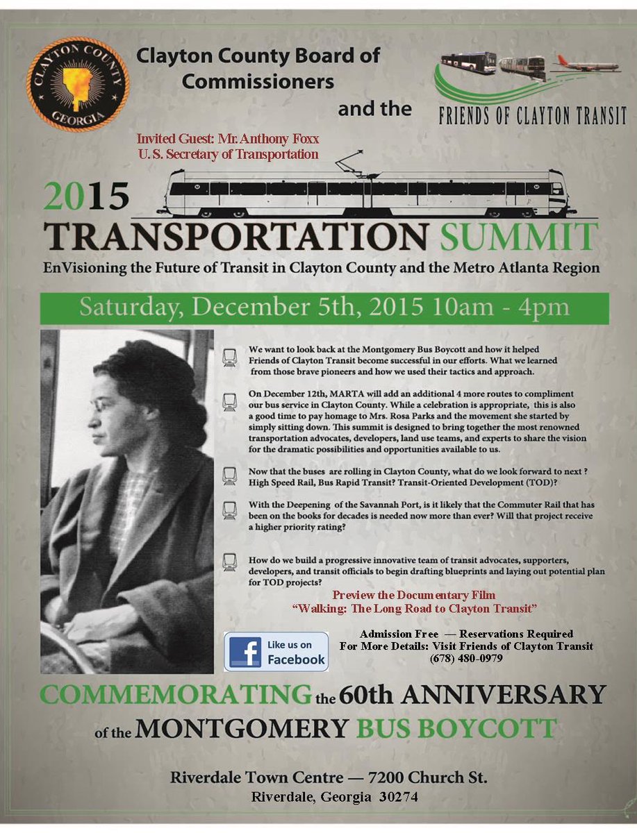 claytontransit's tweet photo. THIS SATURDAY: Join us at the Riverdale Town Centre from 10-4pm for the 2015 Transportation Summit! #ClaytonCountyGA https://t.co/A0SwYE7gu0