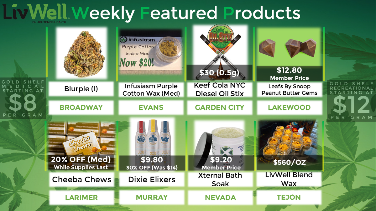 LivWellCannabis's tweet photo. Weekly Featured Products: #Infusiasm, @KeefColaCO, @LeafsBySnoop, @CheebaChews, @DixieElixers, #Xternal & dank buds! https://t.co/ngDmWfrmOB